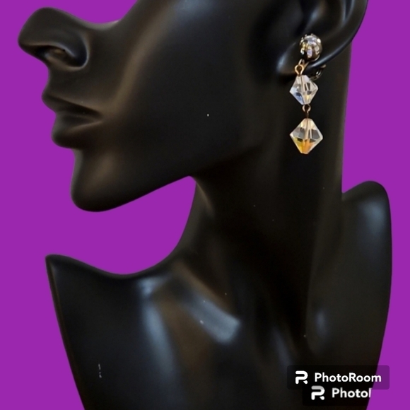 VTG 1950s Aurora Borealis Crystal Bridal Old Hollywood Clip-on Dangle Earrings - Picture 1 of 5